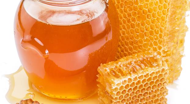 Honeycomb and pot of fresh honey.