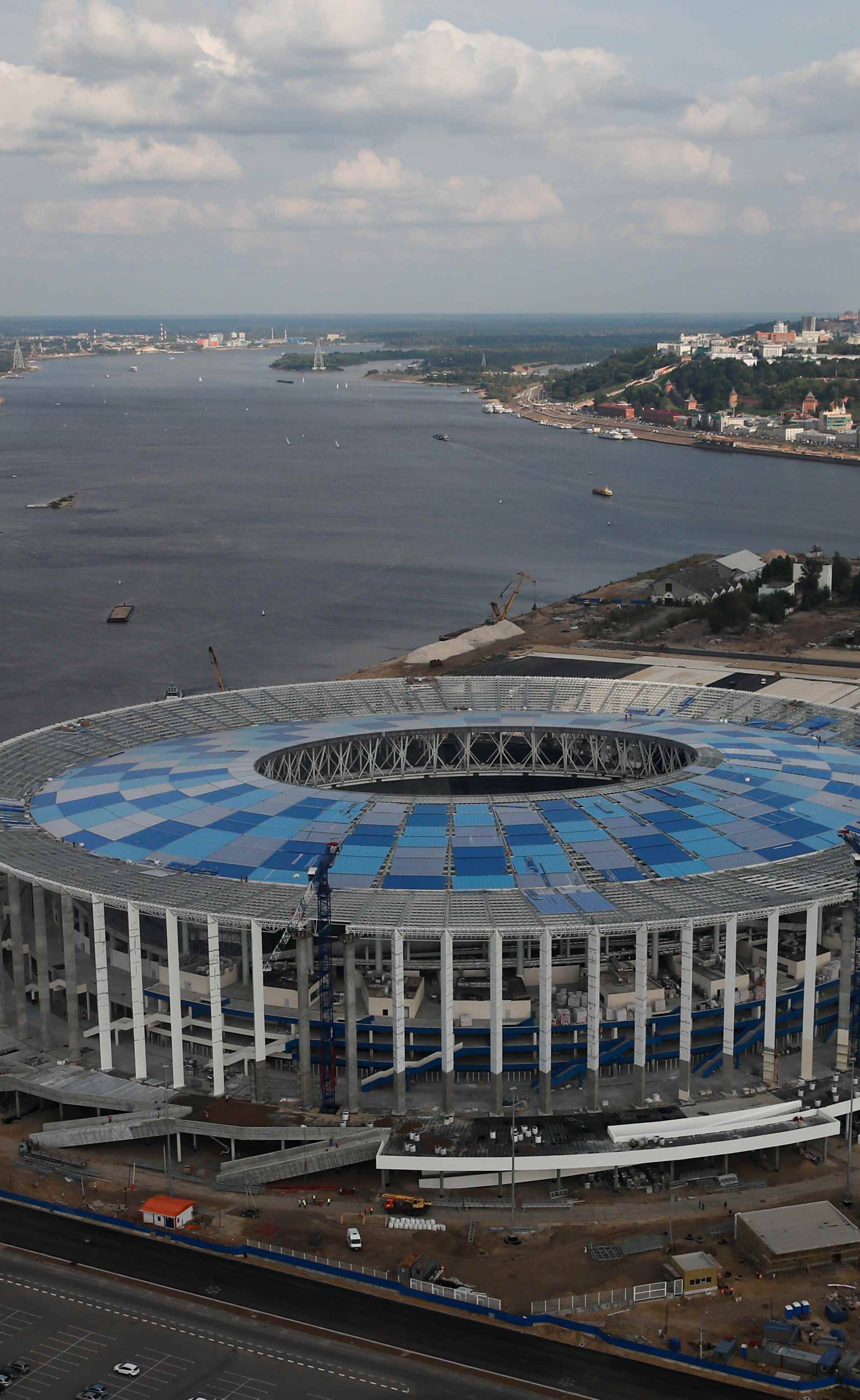 FILE PHOTO: An aerial view shows Nizhny Novgorod stadium under construction and the confluence of Volga and Oka rivers in Nizhny Novgorod