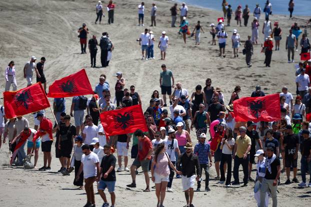 Protest against luxury resort plan by a company linked to U.S. President Trump's son-in-law, Jared Kushner, in Zvernec