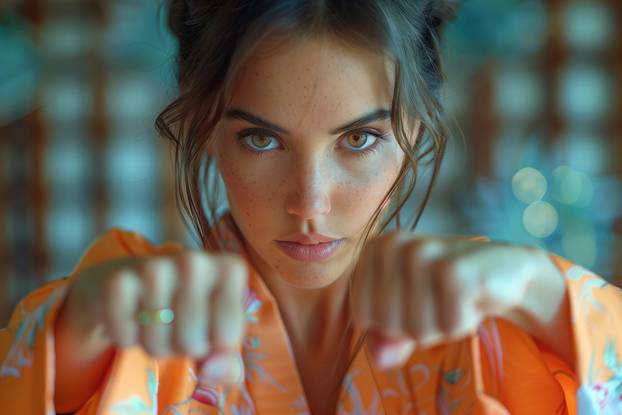 Woman in Kimono Performs Martial Arts Punch with Grace