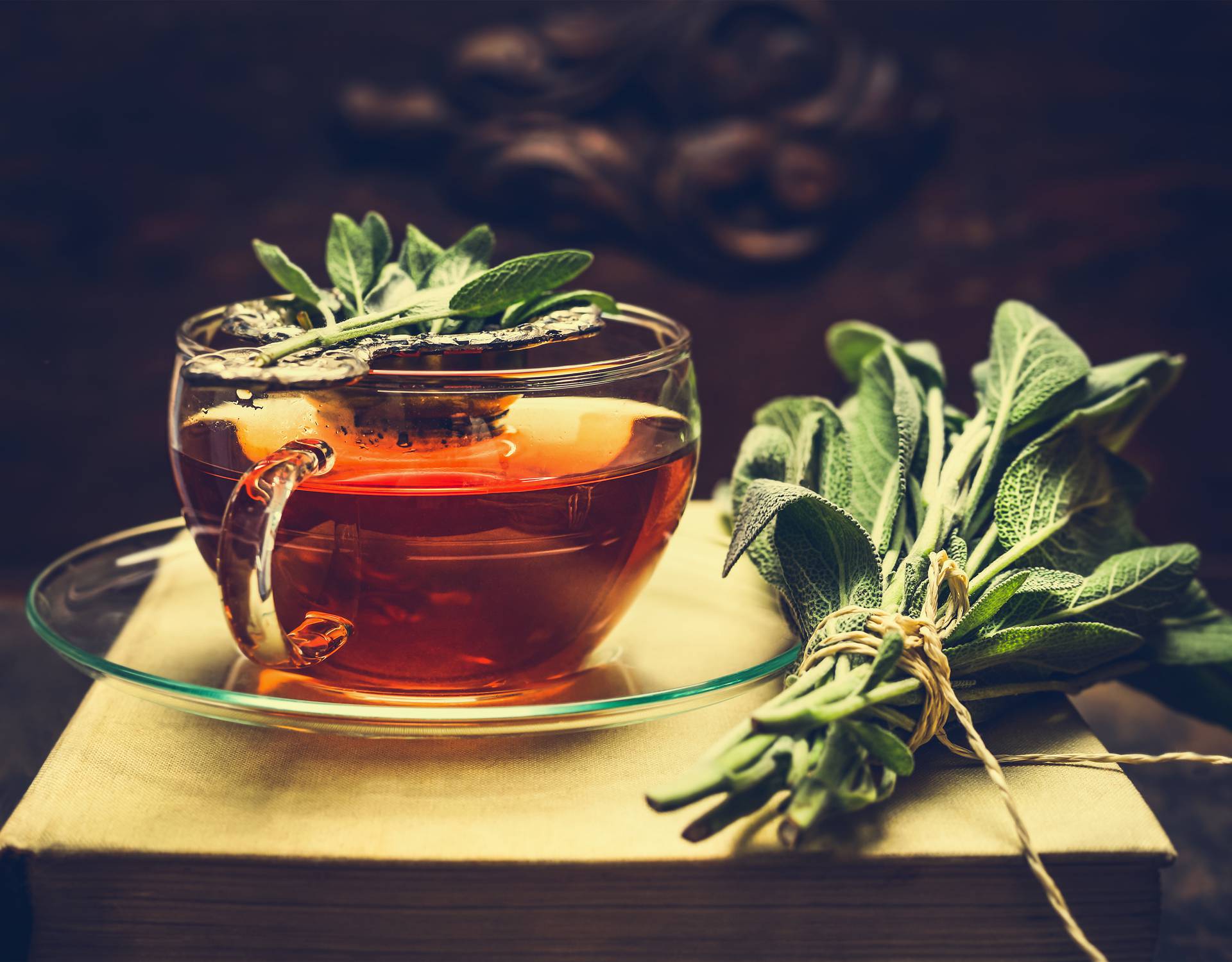 Herbal tea made from sage in glass cup