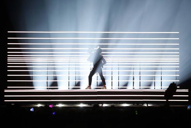 Swedenâs Benjamin Ingrosso performs âDance You Offâ during the Semi-Final 2 for Eurovision Song Contest 2018 in Lisbon