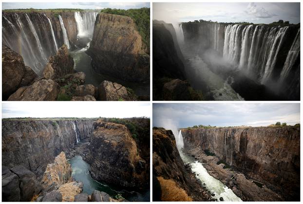 FILE PHOTO: Combination picture of water flowing and low-water levels after prolonged drought at Victoria Falls