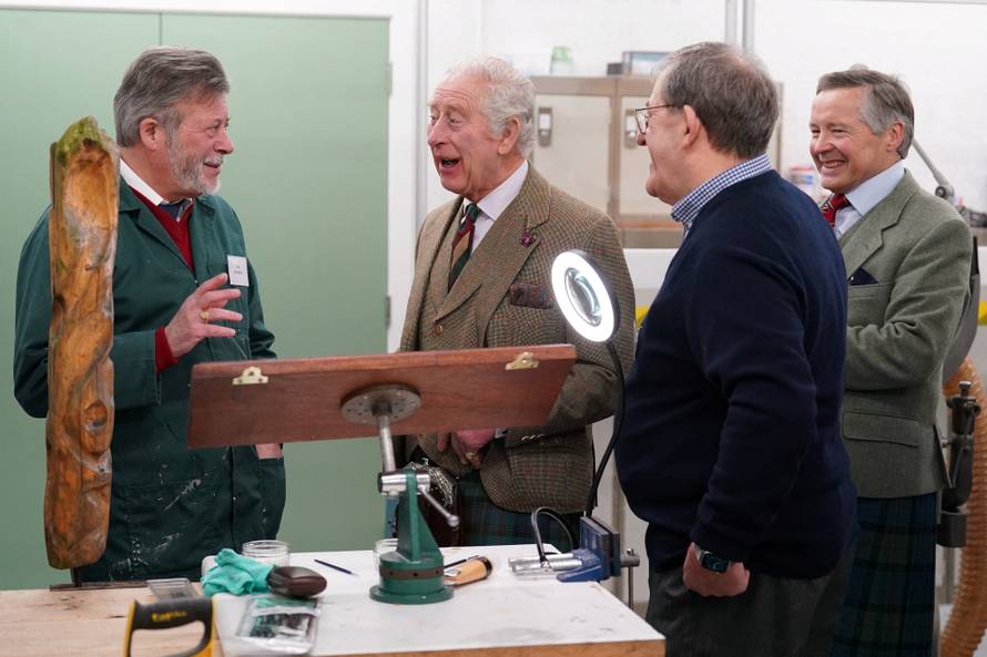 Britain's King Charles visit to Aboyne and Mid Deeside Community Shed, in Aboyne