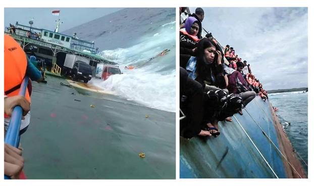 A combination picture shows survivors as KM Lestari Maju boat sinks in the waters of Selayar island, South Sulawesi province, Indonesia