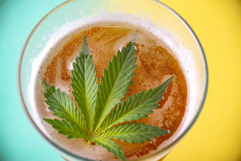 Detail of cold glass of beer with cannabis leaf