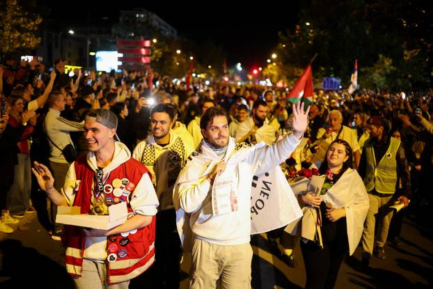 Demonstrators protest to mark the first anniversary of the fatal November 2024 Novi Sad railway station canopy collapse, in Novi Sad