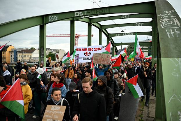 People attend a protest against Israel's participation in the Eurovision Song Contest