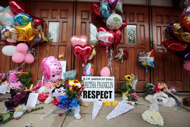 A memorial in memory of singer Aretha Franklin is seen outside New Bethel Baptist Church in Detroit