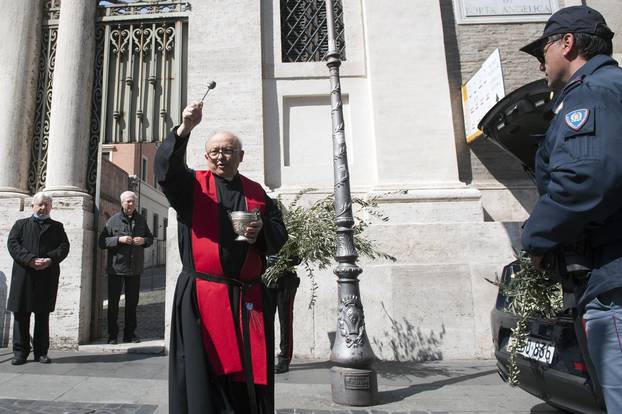 April 05, 2020Red Cross officers in Saint Peter s Square during the Palm Sunday Mass leaded by Pope Francis in Saint Peter s Basilica, Vatican