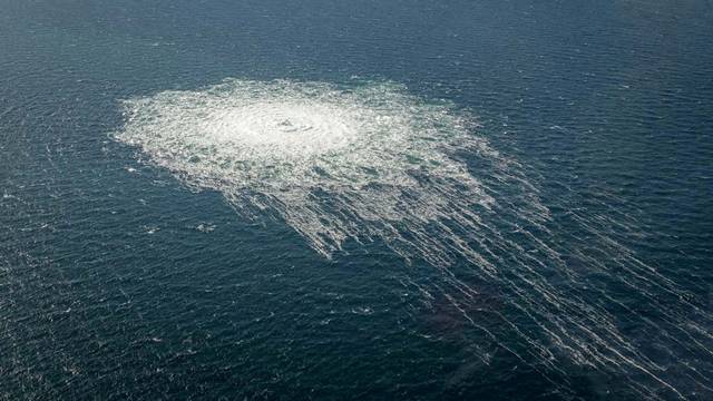 FILE PHOTO: Gas bubbles from the Nord Stream 2 leak reaching surface of the Baltic sea in the area shows disturbance of well over one kilometre  diameter near Bornholm