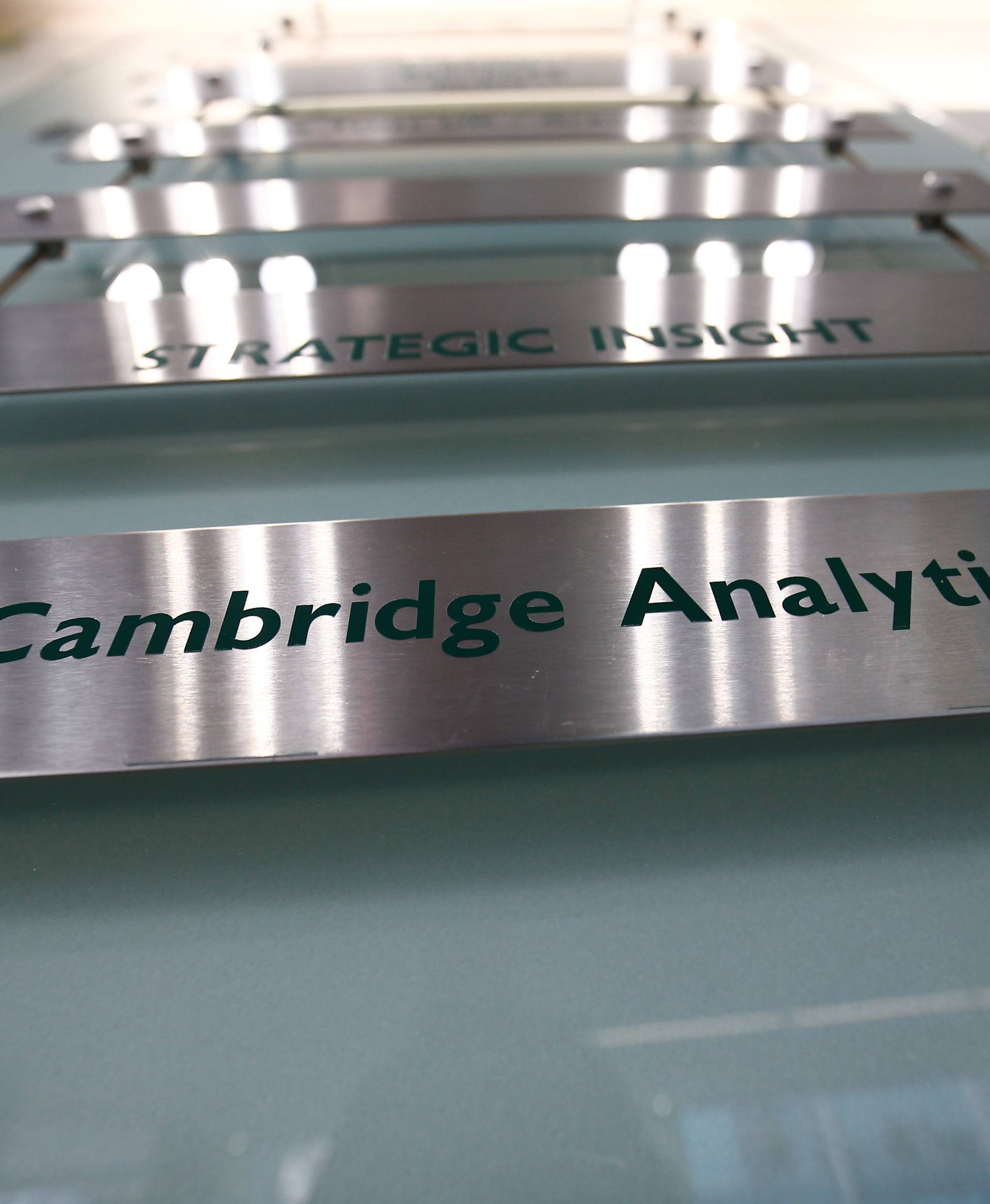 The nameplate of political consultancy, Cambridge Analytica, is seen in central London