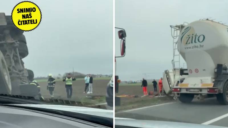 VIDEO U prometnoj nesreći kod Čepina prevrnuo se kamion: 'Čovjeka je poklopila kabina'