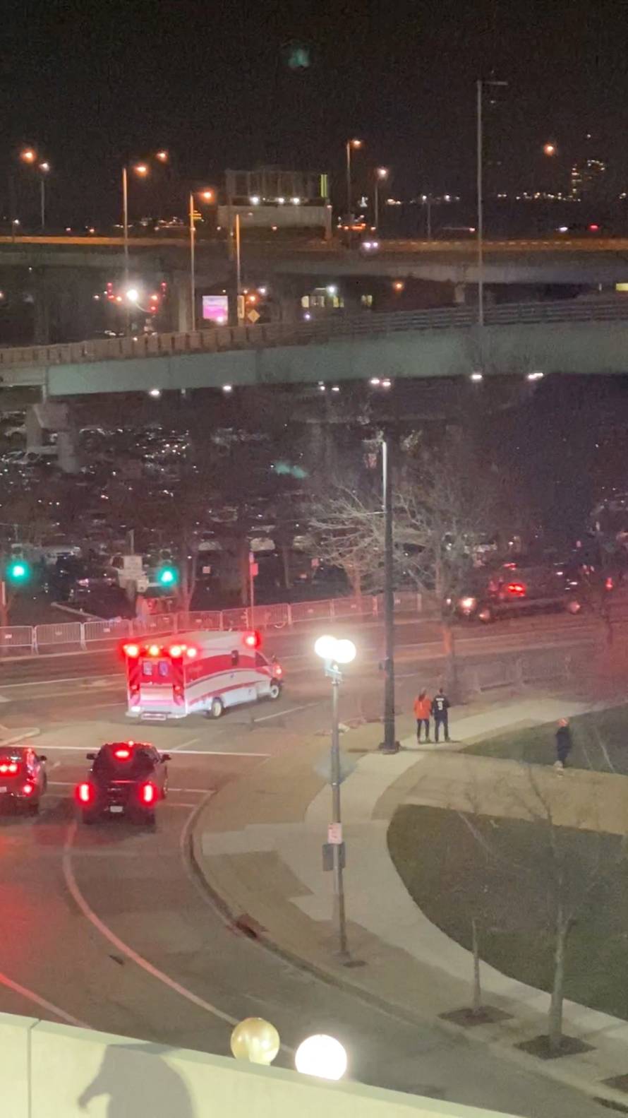 Ambulance exiting from Paycor Stadium, believed to be carrying NFL player Damar Hamlin, in Cincinnati