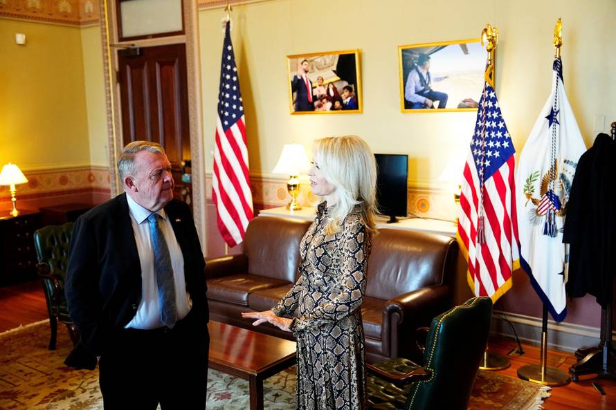 Denmark's Minister for Foreign Affairs Lars Loekke and Greenland's Minister for Foreign Affairs Vivian Motzfeldt arrive for meeting at the White House