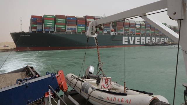 Stranded container ship Ever Given, one of the world's largest container ships, is seen after it ran aground, in Suez Canal