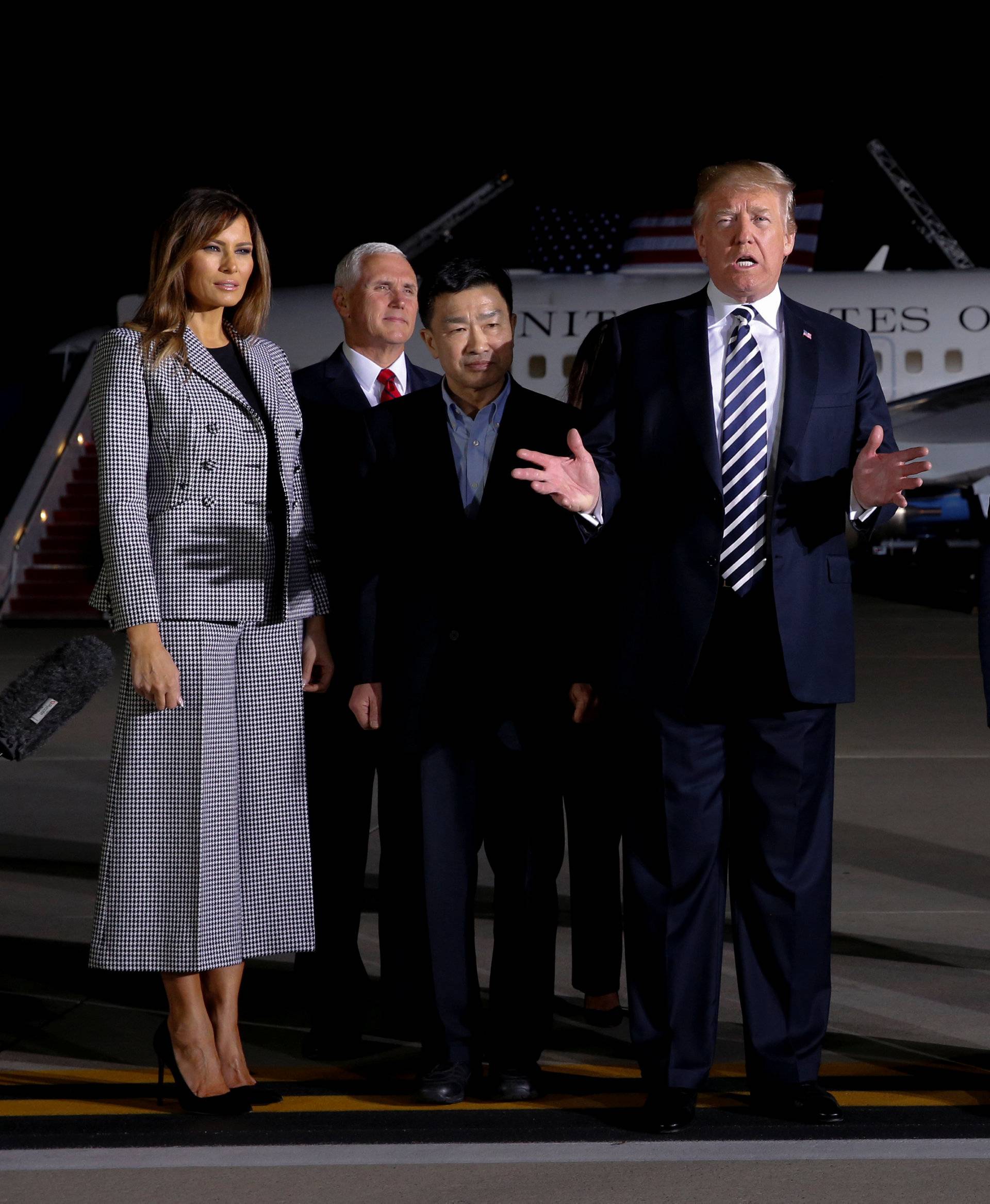 U.S.President Donald Trump speaks to the media as he meets the Americans released from detention in North Korea, Tony Kim, Kim Hak-song and Kim Dong-chul, upon their arrival at Joint Base Andrews