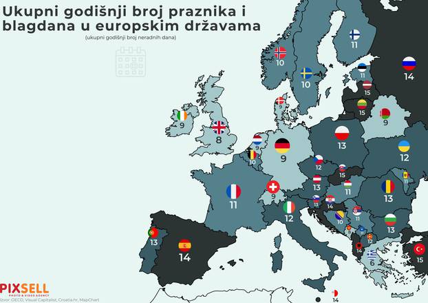 Infografika:   Ukupni godišnji broj praznika i blagdana u europskim državama.