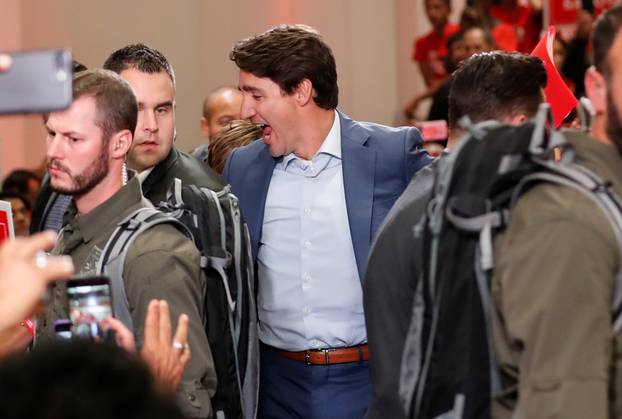 Liberal leader and Canadian Prime Minister Justin Trudeau attends a rally during an election campaign visit to Mississauga