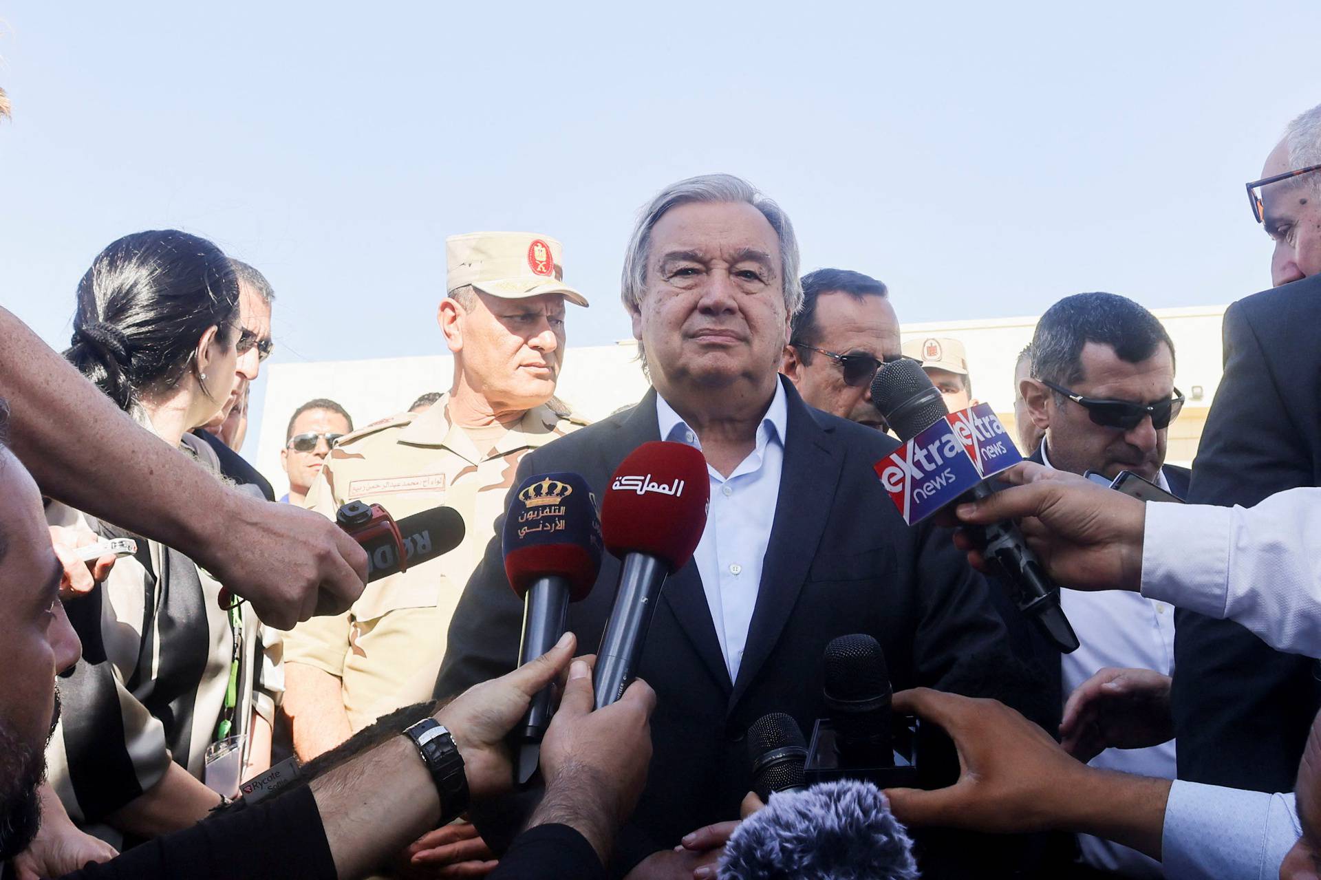 UN Secretary-General Antonio Guterres speaks to the media, after visiting the Rafah border crossing between Egypt and the Gaza Strip, at Al Arish Airport