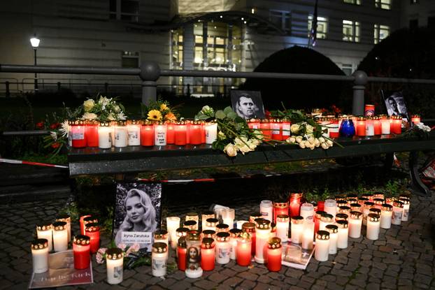 People gather to commemorate of Charlie Kirk in front of the Embassy of the United States in Berlin