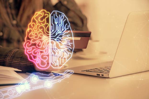 Double exposure of woman on-line shopping holding a credit card and brain hologram drawing. Data E-commerce concept.