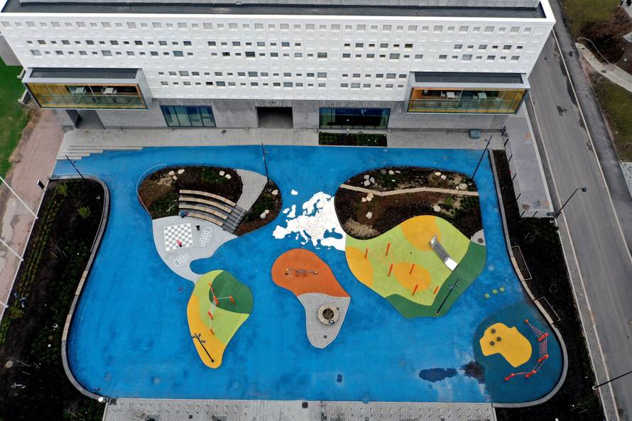 Empty streets and Jatkasaari primary school yard are seen as all public schools were closed, starting March 18, in a measure to prevent the spread of the growing coronavirus disease (COVID-19), in Helsinki