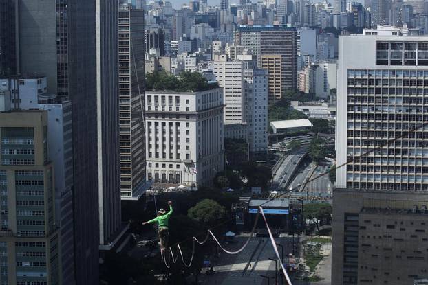 Highliners walk on the longest line of the Americas in Sao Paulo