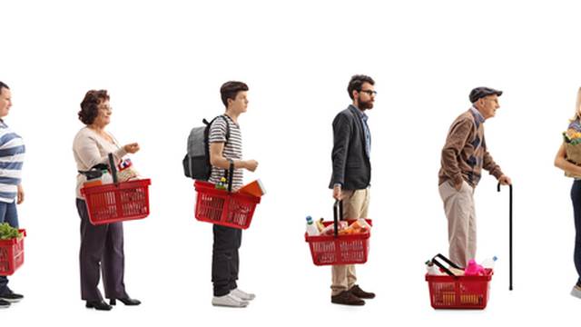 Full,Length,Profile,Shot,Of,People,With,Groceries,Waiting,In