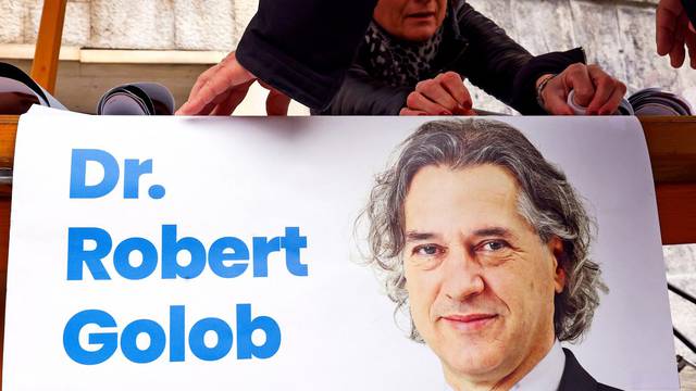 A poster of parliamentary candidate Golob during the parliamentary elections is seen in Ljubljana