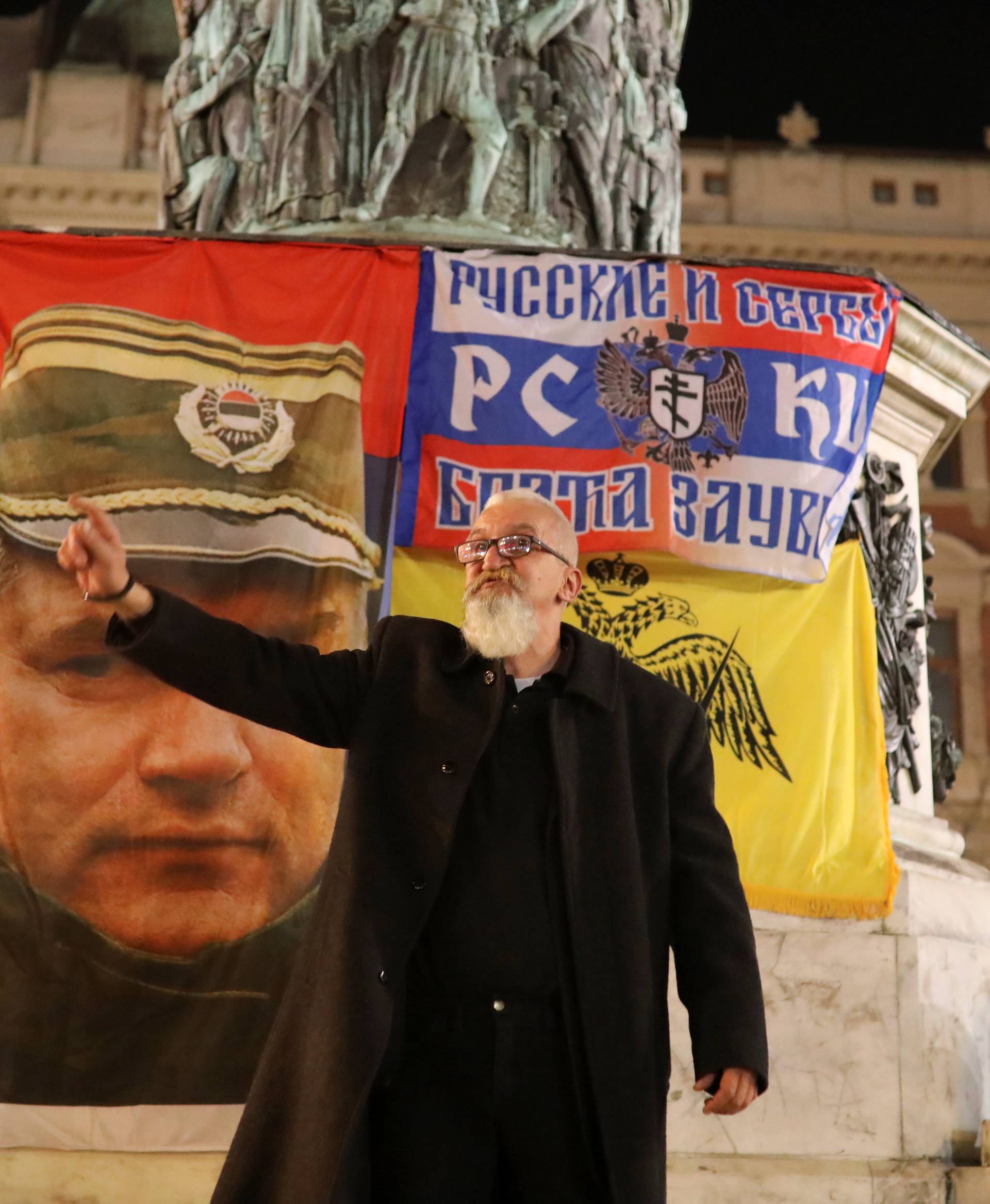 A supporter of former Bosnian Serb general Ratko Mladic shouts slogans during a protest against the verdict of the U.N. Criminal Tribunal for the Former Yugoslavia, in Belgrade