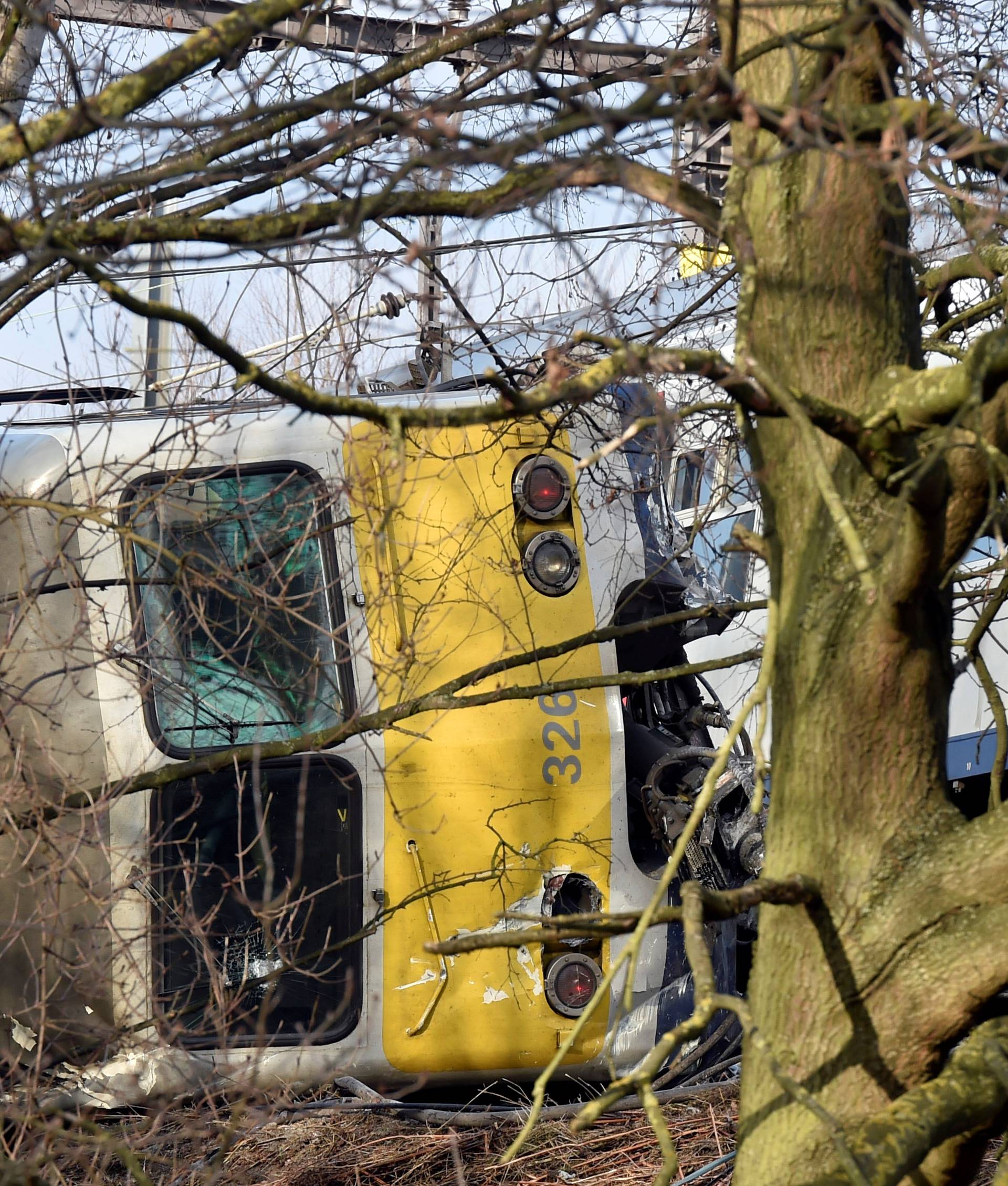 The wreckage of a passenger train is seen after it derailed in Kessel-Lo near Leuven