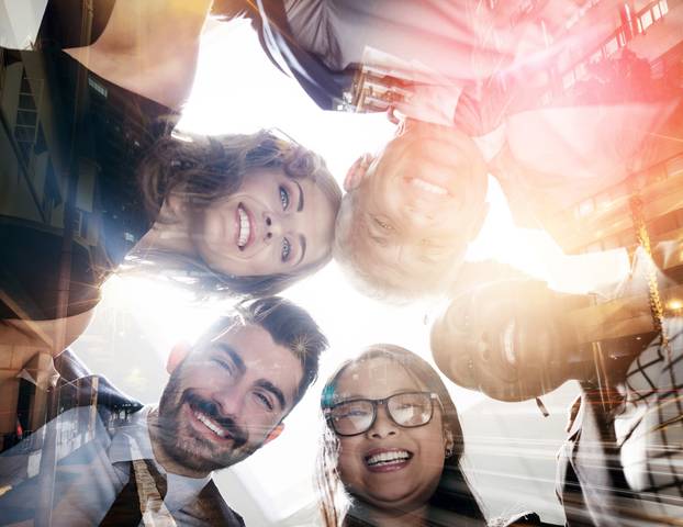 Business People, Huddle and Portrait for Team Building, Support and Overlay for Motivation Hug. Employes, Together and Solidarity in Collaboration Circle, Low Angle and Workforce for Cooperation