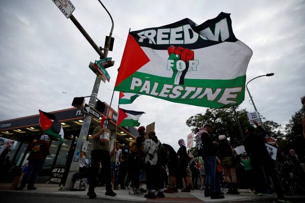Pro-Palestinian protesters demonstrate outside Ed Sheeran's concert venue, in Philadelphia