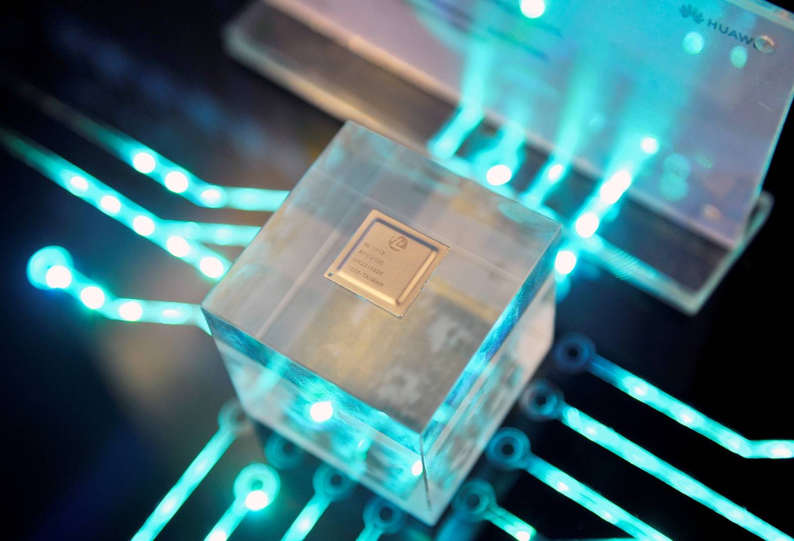 FILE PHOTO: HiSilicon chip is displayed at the Huawei China Eco-Partner Conference in Fuzhou