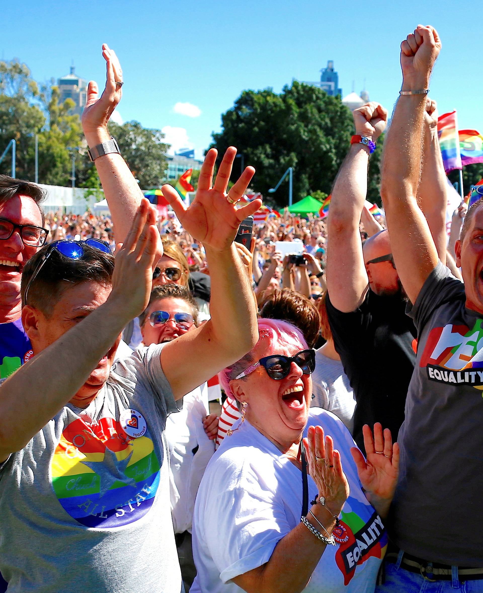 Supporters of the 'Yes' vote for marriage equality celebrate after it was announced the majority of Australians support same-sex marriage in a national survey, at a rally in Sydney