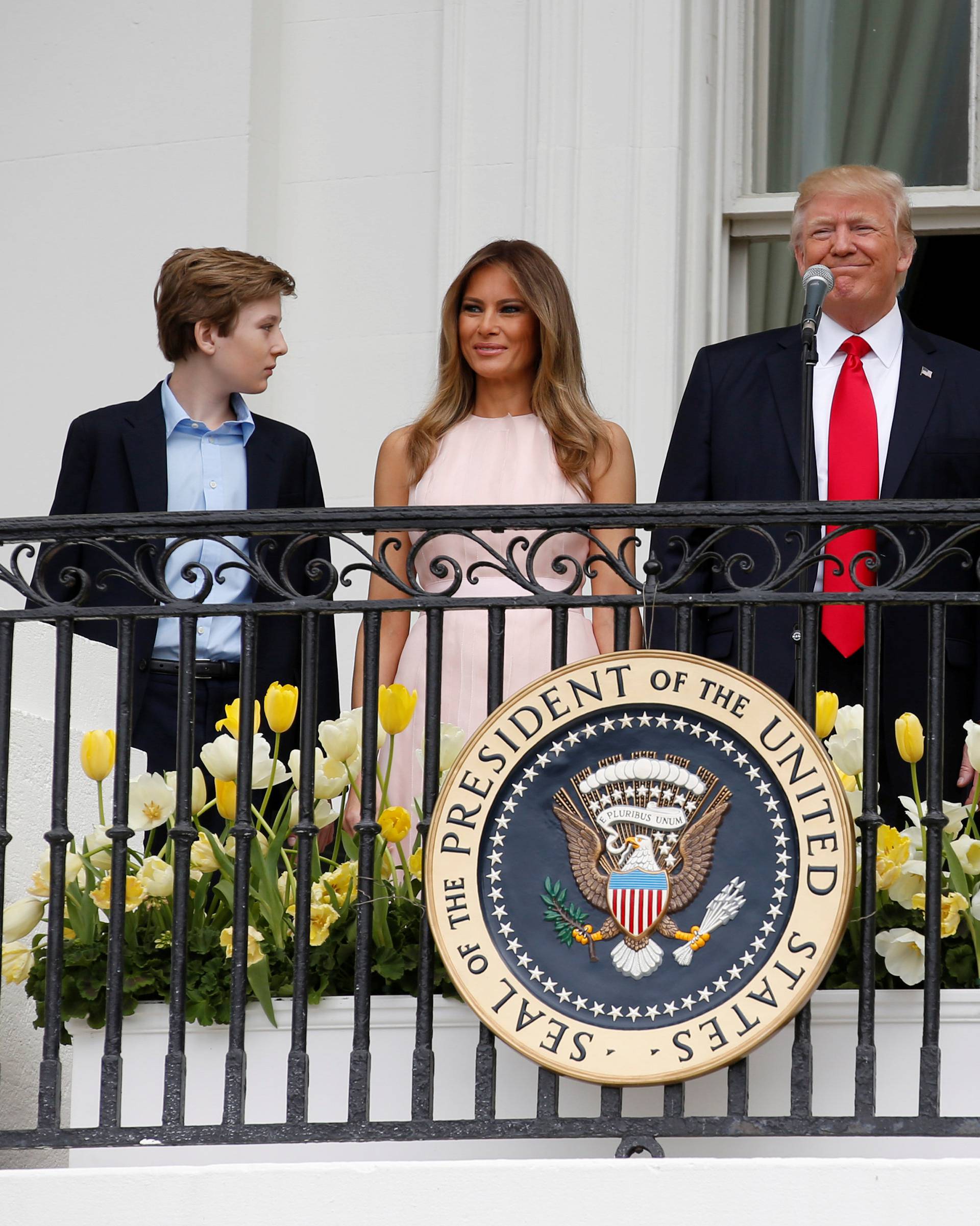 U.S. President Donald Trump, U.S. first lady Melania Trump, their son Barron and the Easter Bunny arrive for the 139th annual White House Easter Egg Roll on the South Lawn of the White House in Washington
