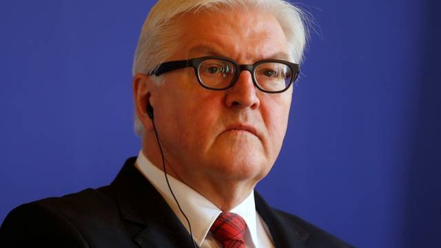 German Foreign Minister Frank-Walter Steinmeier attends a news conference after a meeting on the Syria crisis at the Quai d'Orsay ministry in Paris