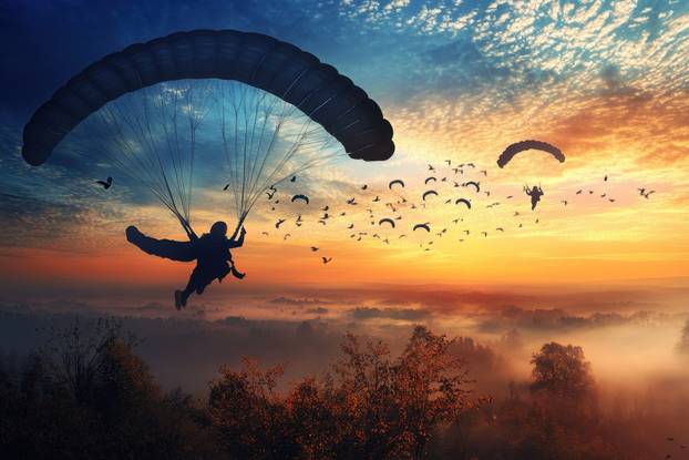 Paragliders soaring over a misty landscape at sunset with birds flying alongside