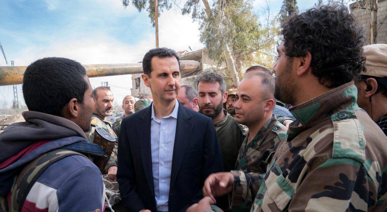 Syrian President Bashar al-Assad meets with Syrian army soldiers in eastern Ghouta