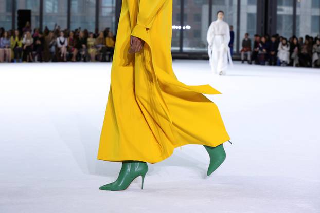 A model presents a creation from the Carolina Herrera Fall 2020 collection during New York Fashion Week