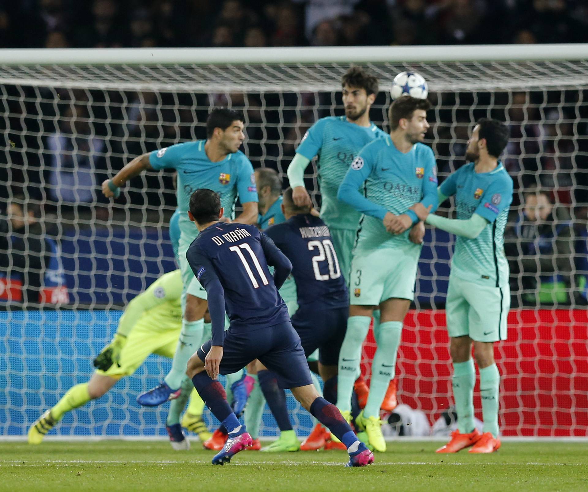 Paris Saint-Germain's Angel Di Maria scores their first goal from a free kick