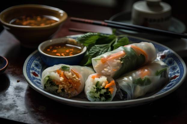 Vietnamese spring rolls with vegetables and spicy sauce on wooden table
