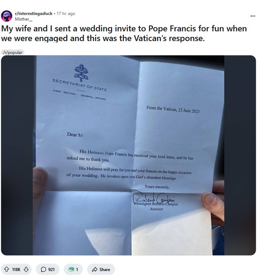 Papi Franji poslali pozivnicu na vjenčanje iz šale, a onda šok! Stigao im iznenađujući odgovor
