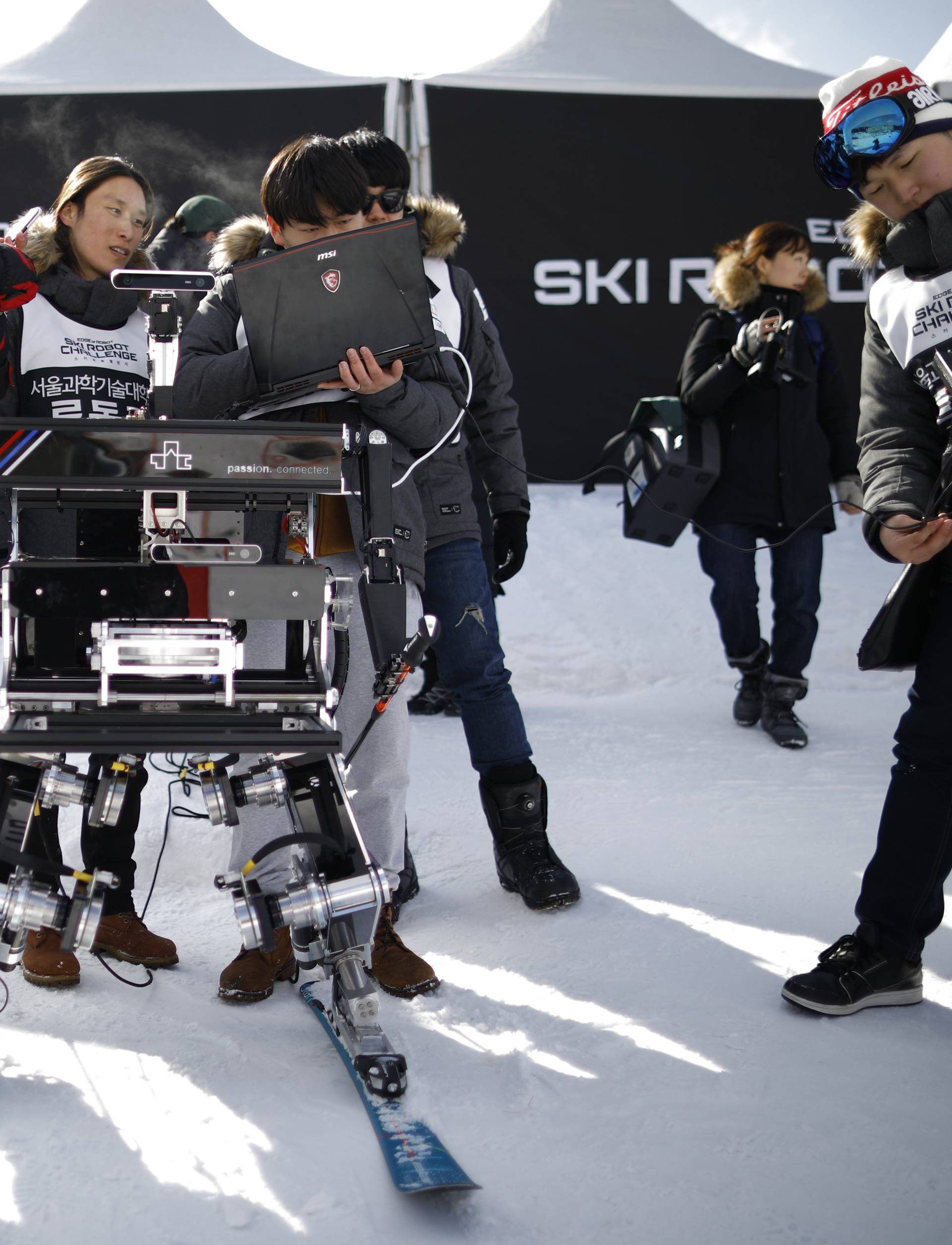 Robot Rudolph takes part in the Ski Robot Challenge at a ski resort in Hoenseong,