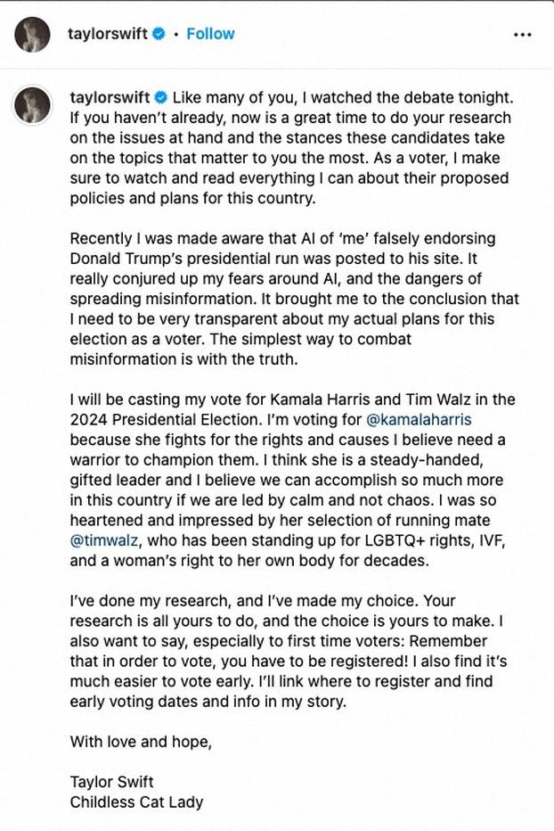 Singer Taylor Swift endorses Democratic Vice President Kamala Harris in a post on Instagram