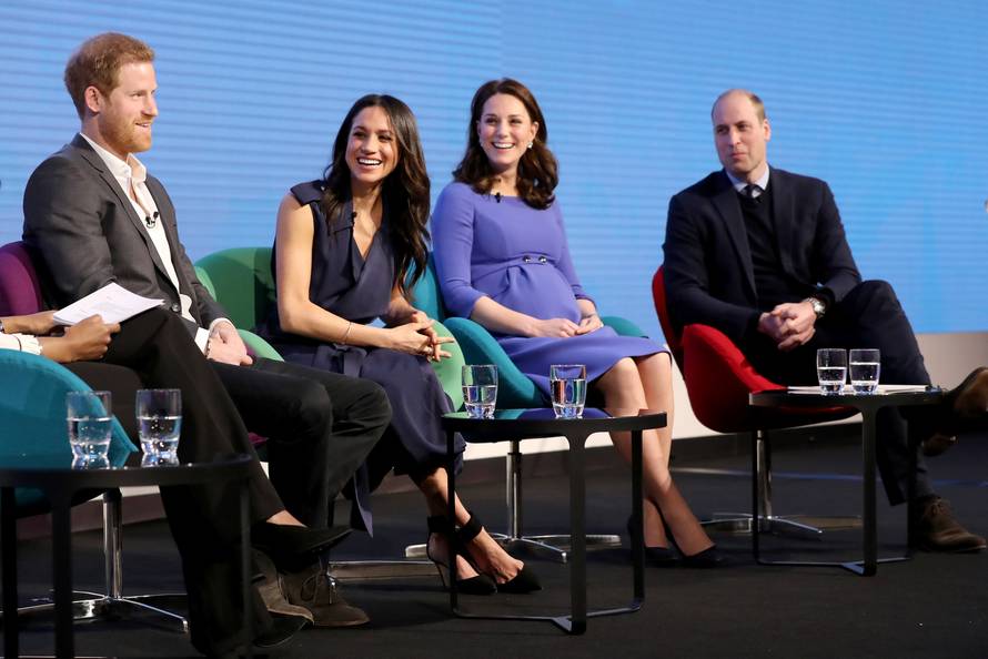 Britain's Prince Harry, his fiancee Meghan Markle, Prince William and Catherine, Duchess of Cambridge attend the first annual Royal Foundation Forum held at Aviva in London