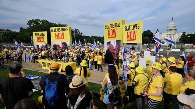 Families of Israeli hostages gather at the National Mall, in Washington