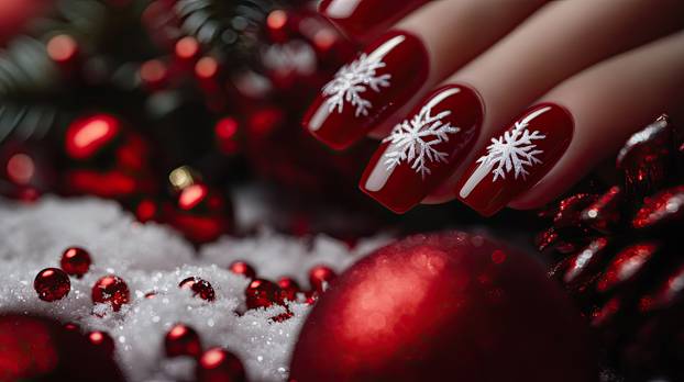 Close-up of holiday nails with white snowflake designs on a deep red background, set in a festive winter setting with ornaments and snow
