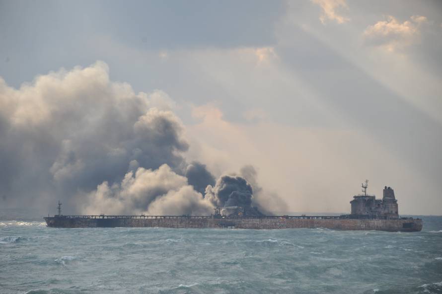 Smoke is seen from the Sanchi tanker which went ablaze after a collision with a Chinese freight ship in the East China Sea